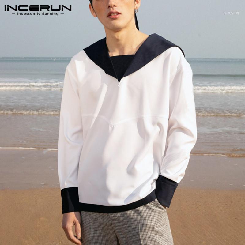

Patchwork Men Casual Shirt V Neck Streetwear Long Sleeve Preppy Style Leisure Shirts Japanese Vintage Camisas INCERUN Men, Navy