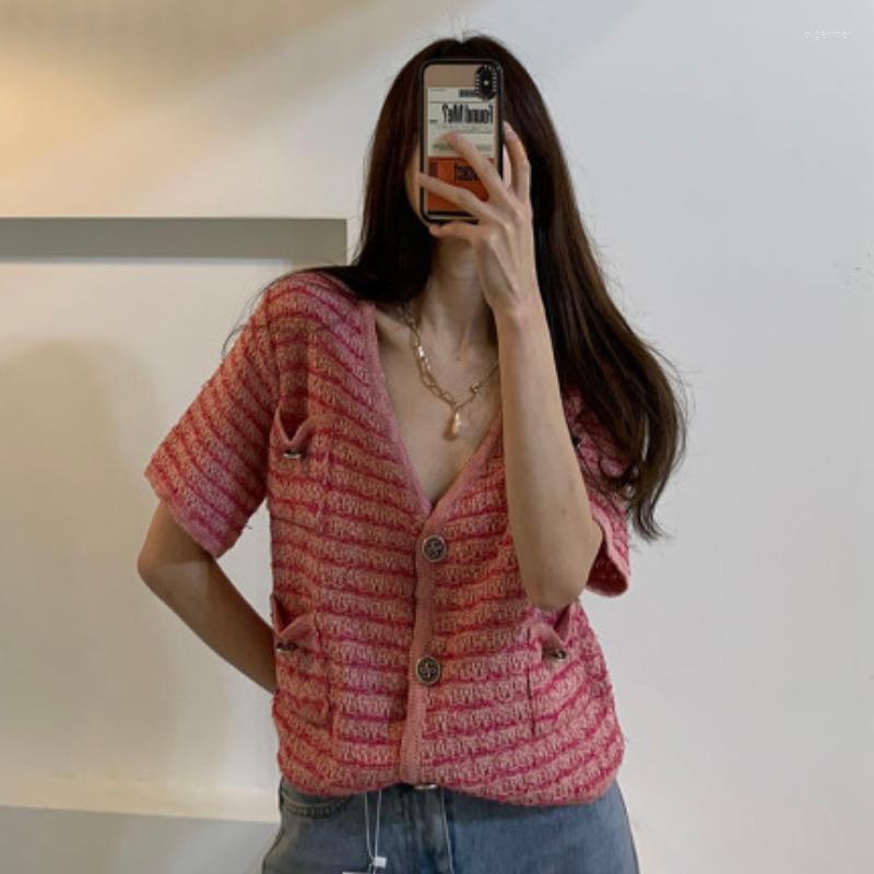 

Women's Knits & Tees Women Vintage Red Stripe Knitting Sweater V Neck Pocket Short Sleeve Casual Korean Baggy Ladies Button Cardigan Tops Su, Black