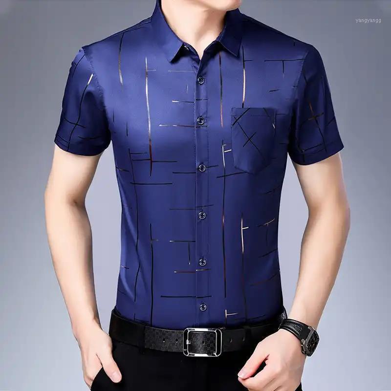 

Summer Men'S Short-Sleeved Shirt Middle-Aged Business Casual Loose Printed Inch Male Classic Fashion Brand Top Shirts, Black