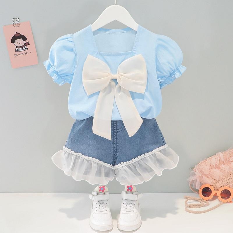 

Clothing Sets Girls Summer Short Sleeve Suit Fashion Baby Girl Big Bow Top Denim Shorts 2-piece 0-4-year-old Out ClothingClothing, As picture