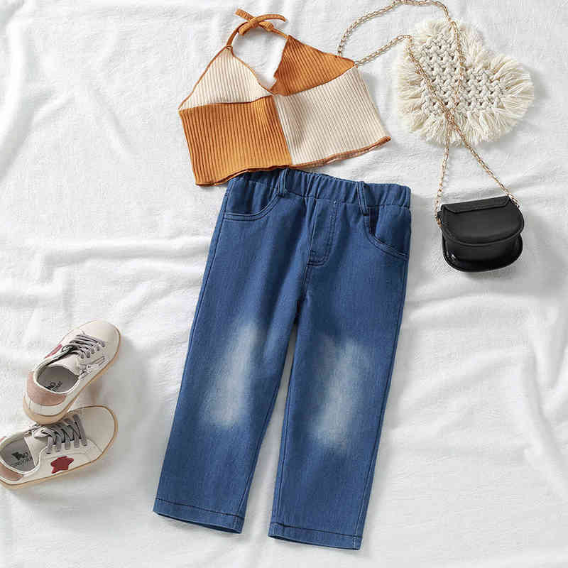 

Citgeett Summer Kids Baby Girls Clothing Sets Knitted Patchwork Halter Vest Tops beige Denim Pants Casual Outfits J220712, Red