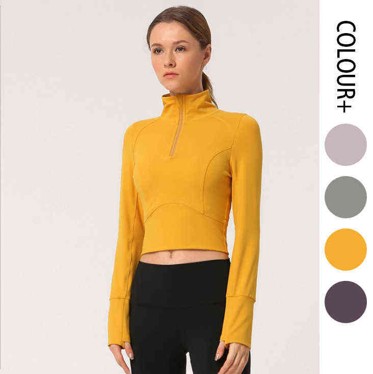 

Summer and Autumn Women' Sports Fitness Running Soft Breathable Semi Zipper Fashion Long Sleeve Blouse T-shirt, Yellow