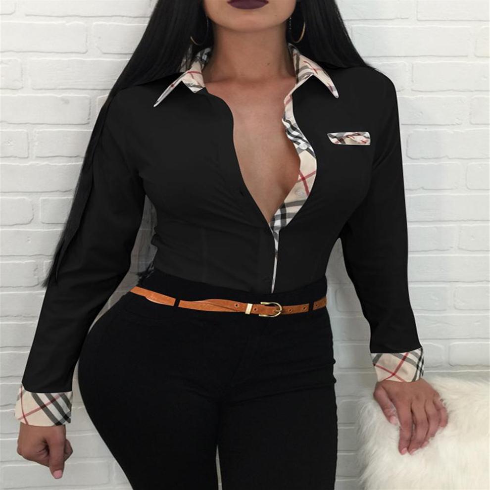 

Spring Autumn Solid Shirt Femme Plaid Trim Buttoned Up Casual Long Sleeve Blouse Office Ladies Elegant Outfits261V, Black