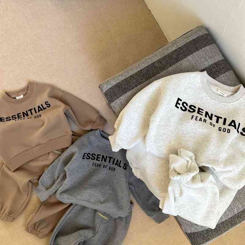 

boys girls sweater set G od Ess* Essentials Hoodies Sweatshirts pullover /5 children's version plus velvet shirt warm loose round collar, Gray