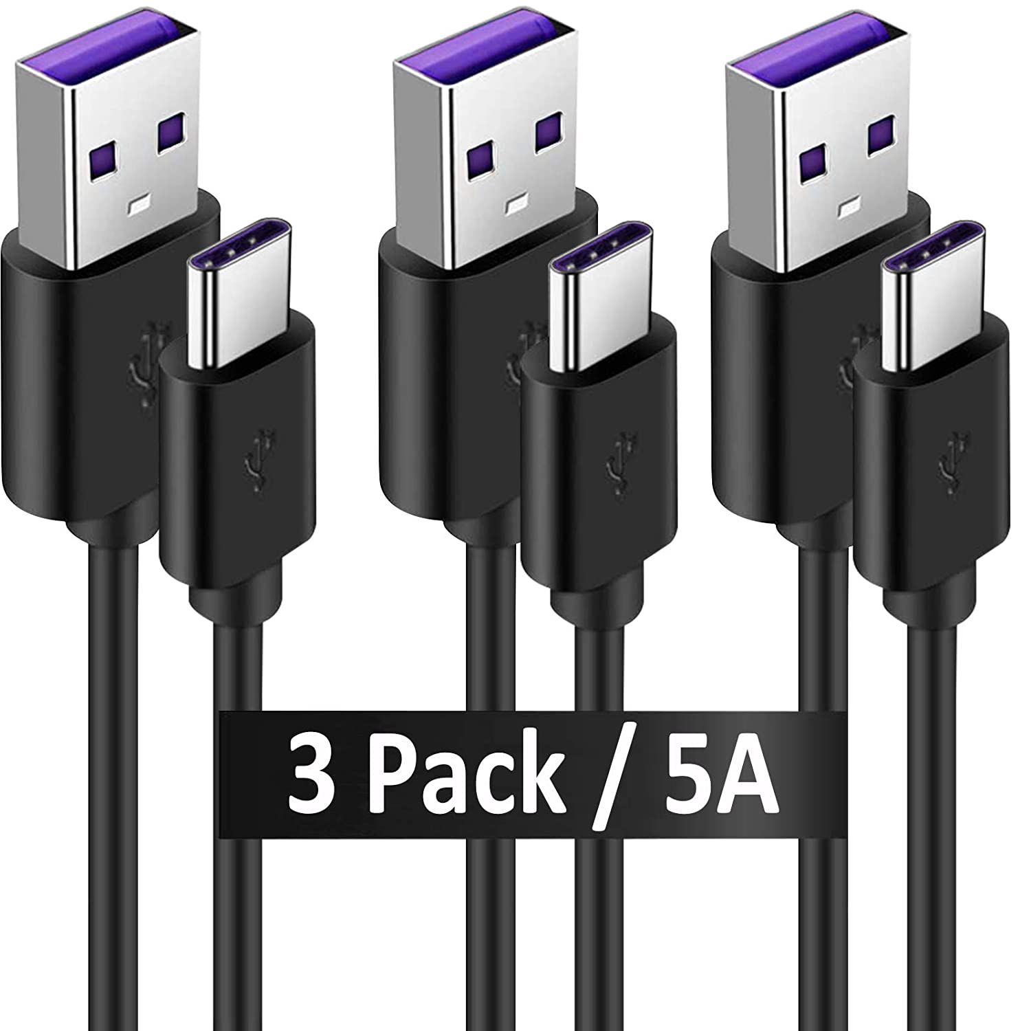 

USB Type C Fast Charging Cable 3 Pack 5A PVC Safe Fast Charge Code USB C Cable for Samsung Galaxy Note 20 10 9 8 S8 S9 S10 10