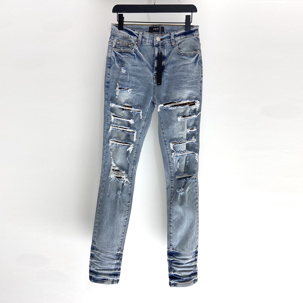 

2022 Elastic Jeans Men Patchwork Hip Hop Pants Washed Blue