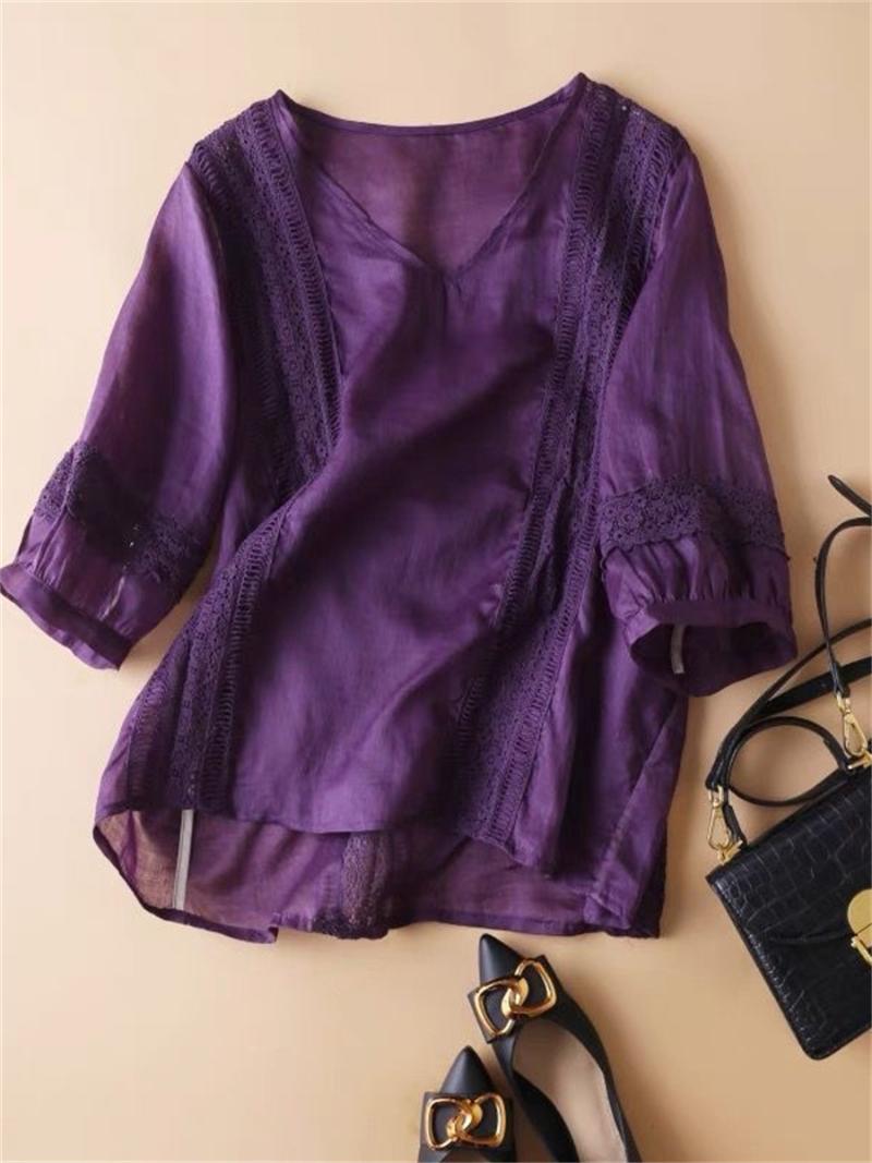 

Women's Blouses & Shirts Woman Spring Autumn Style Tops Lady Casual Half Lantern Sleeve V-Neck Loose Blusas DF4377Women's, Purple