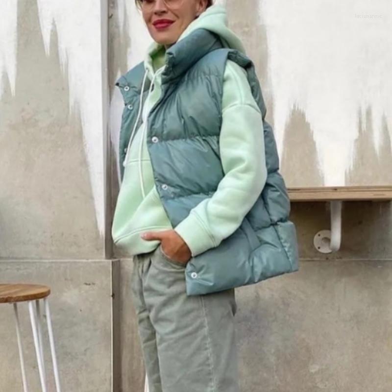 

Women's Vests RR Autumn Shinny Short Women Fashion High Collar Coats Elegant Pockets Solid Casual Female Ladies Luci22, Green