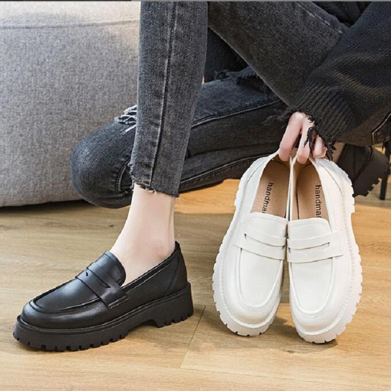 

Spring Female British Style Shoes New Thick-soled College Casual Loafers Genuine Leather Fashion Shoes Girls, Black