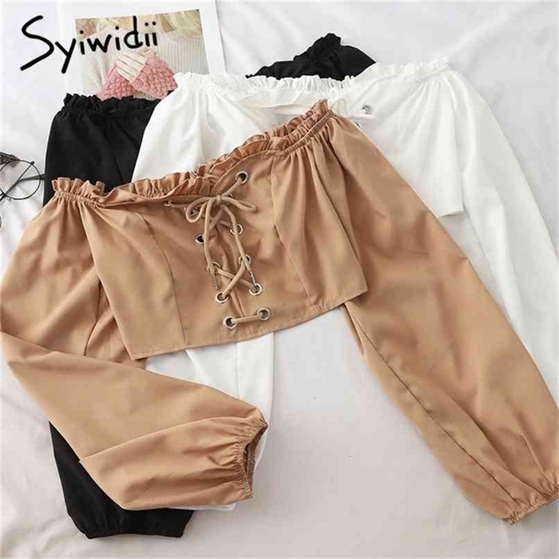 

Blouses Women Ruffles Slash Neck Strapless Long Puff Sleeve Shirts Lace Up Super Short Tops Summer Black White 210607, Khaki