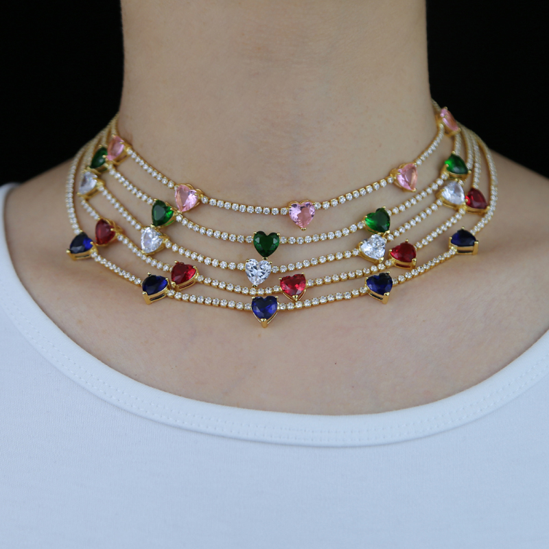 

New styles 2mm tennis chain choker necklace with white pink ruby green blue heart cubic zircon paved rainbow stone necklaces for women lady gift