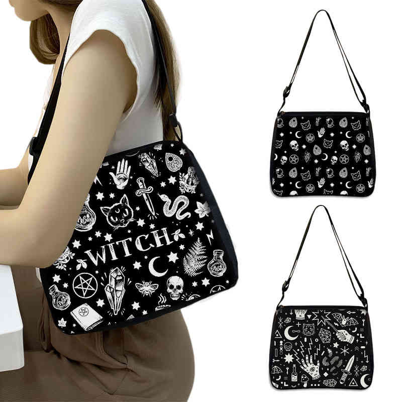 

Cute Black Cat Witch Messenger Bag Women Handbag Canvas Underarm Shoulder Bags Witchcraft Skull Girls Gothic Crossbody Gift, Yxbwithc09cw