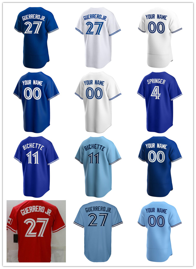 

2022 Baseball Jerseys Vladimir Guerrero Jr. 27 Bo Bichette 11 Hernandez 37 Springer 4 Jersey Red Royal Power Blue White Grey Color Button Up Men S- Kids S-XL Women S-XXL, #27 guerrero jr. blue replca