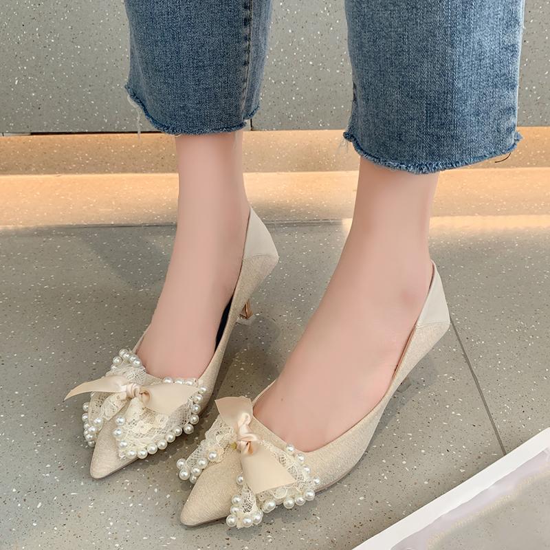 

Dress Shoes Rimocy 2022 Spring Lace Bowknot Women Pumps Fashion Pearl Thin High Heels Wedding Party Woman Sexy Pointed Toe SandalsDress, Beige