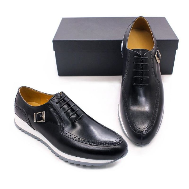 

Thick Sole Round Toe Leather Metal Buckle Oxford Shoes Classic Black High-end Casual Comfort Lace-Up Men Shoes KB274, Clear