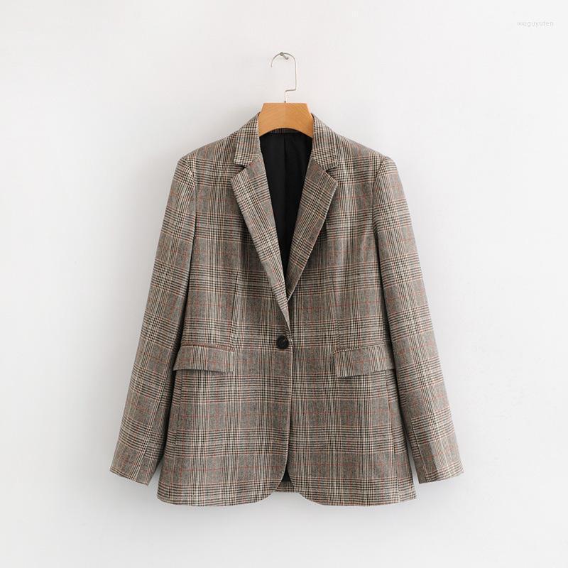 

Women' Suits & Blazers 2022 Spring And Autumn Casual Fashion Elegant Slim Plaid Suit Retro Lapel Versatile Commuter Jacket Women, Brown