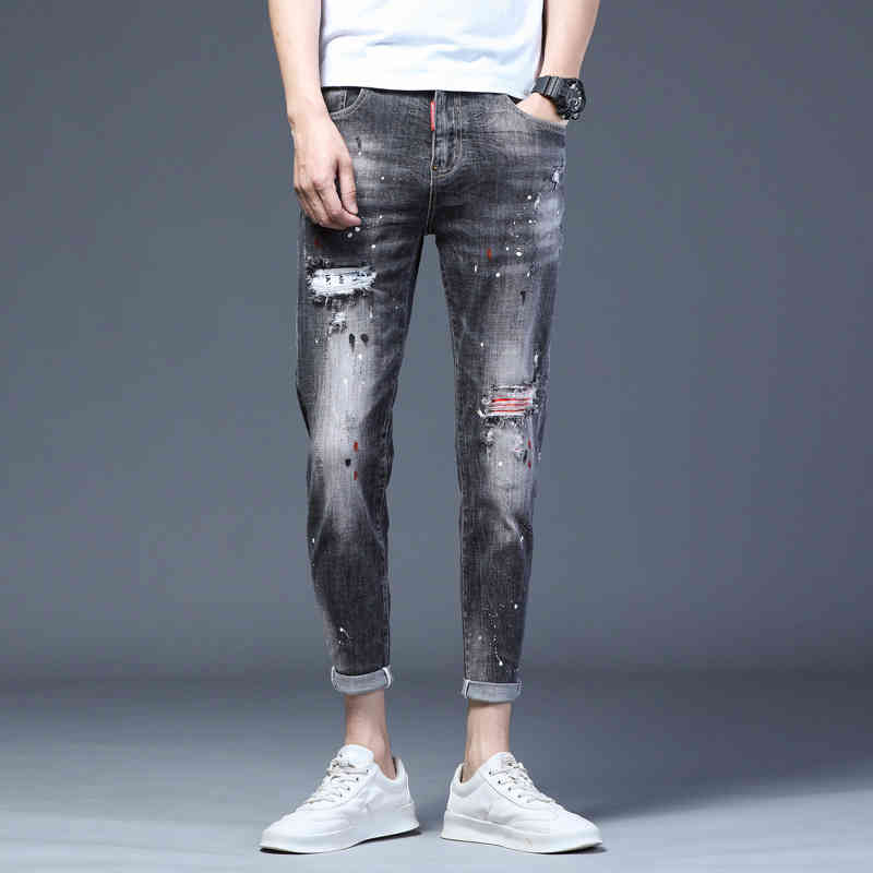 

Paint style ripped jeans fashion men slim fit men's elastic pants 8802, As shown in figure