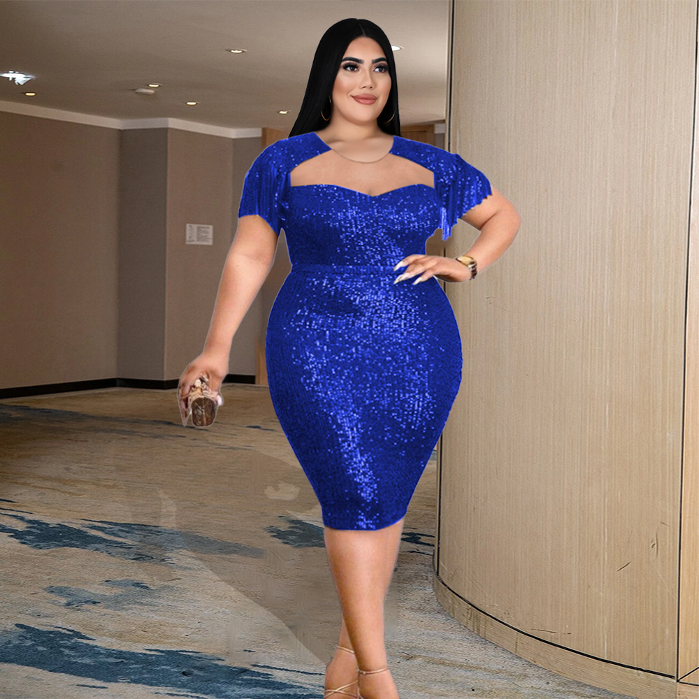 Women Sequin Dress Plus Size Sexy Lace Patchwork Round Neck Party Cocktail Bodycon Formal Glitter Tassels Short Sleeve Midi Dresses 4XL