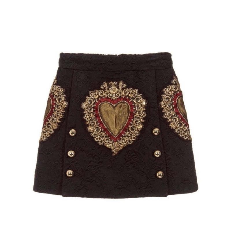 

Vintage Black Heart Embroidery A Line Skirt Women New Summer Runway Double Breasted Female Ladies Party Mini Skirt Clothes Y200326, Beige