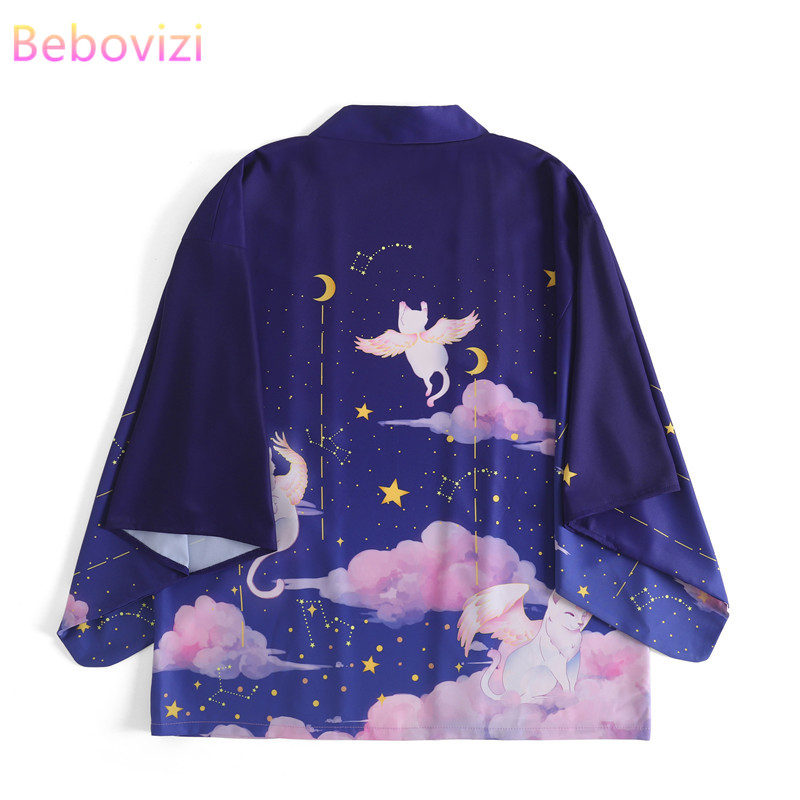 

2022 New Loose Purple Kawaii Cats Print Japanese Streetwear Cardigan Women Men Harajuku Haori Kimono Cosplay Blouse Top Yukata