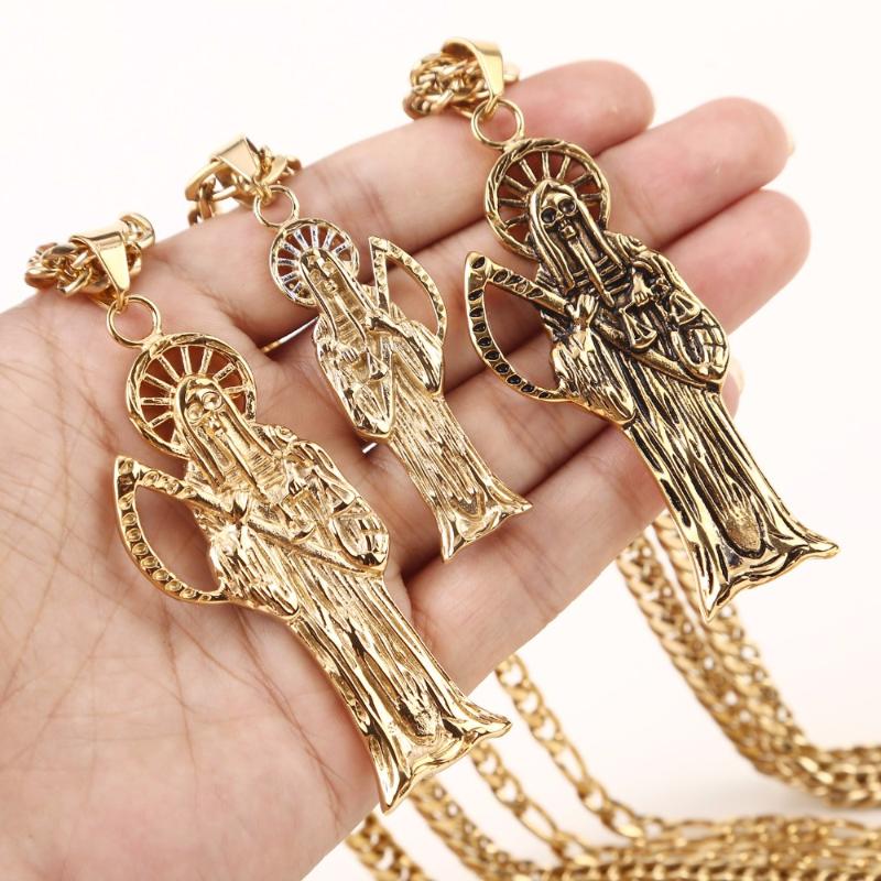 

Pendant Necklaces Witaya Classic Retro Death Of Angel Santa Muerte Mens Necklace 316L Stainless Steel Jewelry Men Party Gift