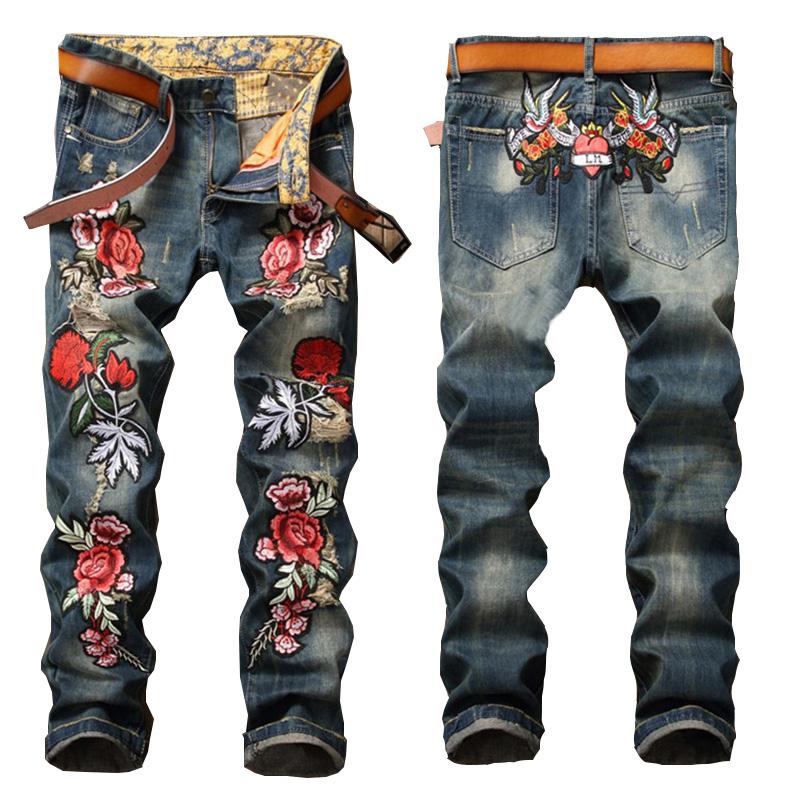 

Men's Jeans Embroidery Roses Men Pants High Street Mens Denim Trousers Blue Broken Hole For JS0791