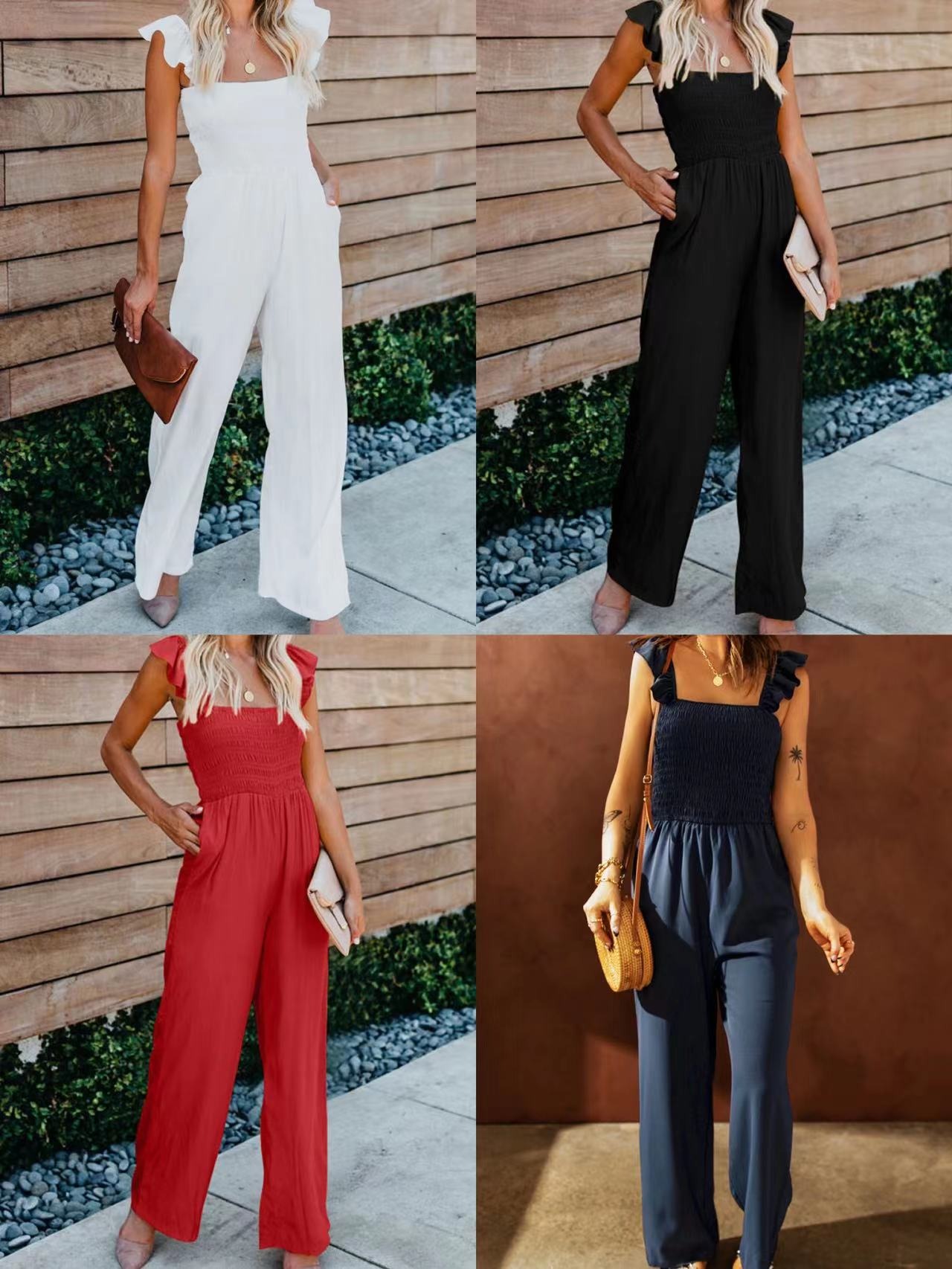 

Women' Two Piece Pants Ruffle Trim Square Neck Belted Jumpsuit r808#, Black
