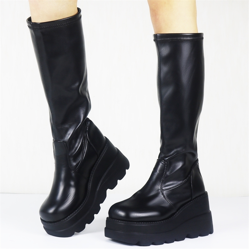 

Luxury Brand Female Goth Cosplay Boots Fashion Zip Wedges High Heels Boots Women Party Comfy Platform Shoes Woman 220813, Black zip