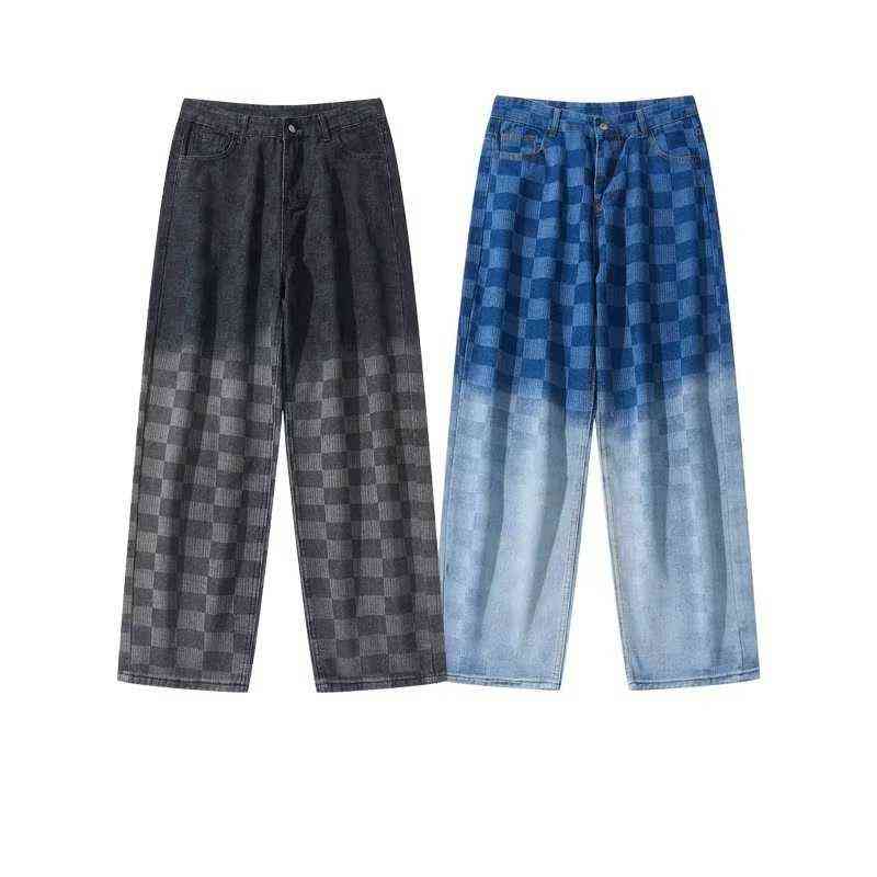 

Women Jeans High Waist Gradient Tie Dye Checker Plaid Jeans Denim Pants Women Street Harajuku Straight Pants Y2k Pants L220726, Black