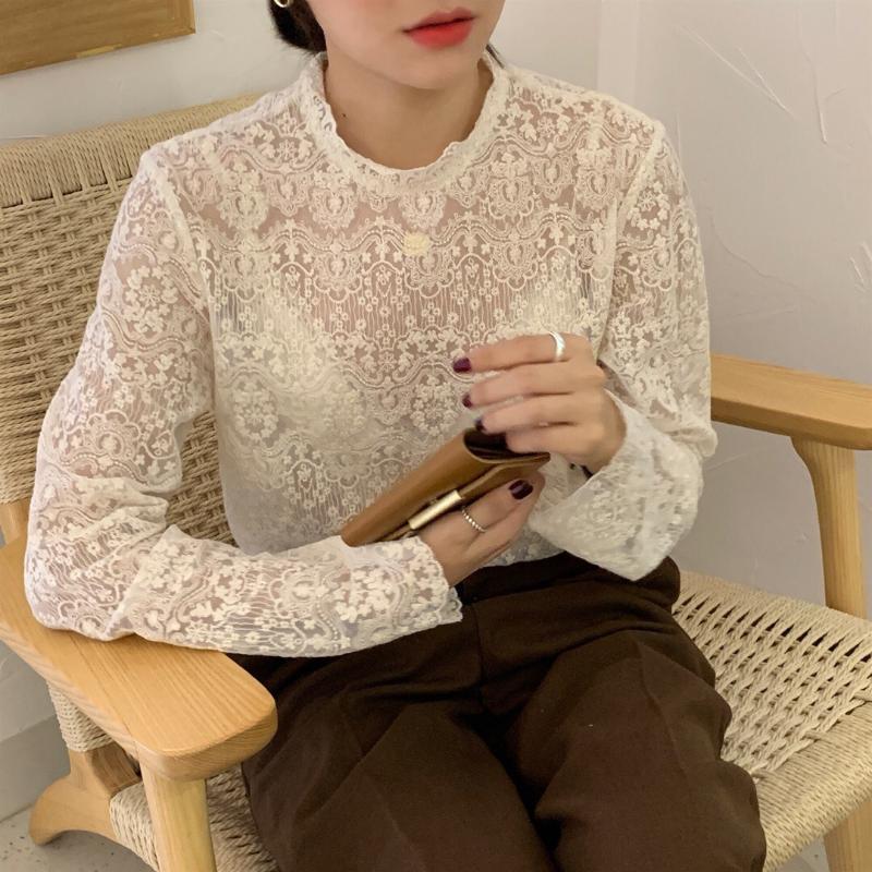 

Women's Blouses & Shirts Imcute Women Lace Blouse Top Stand Collar Long Sleeve Shirt Sexy Bottoming Solid Casual Tops Autumn Clothing, Beige