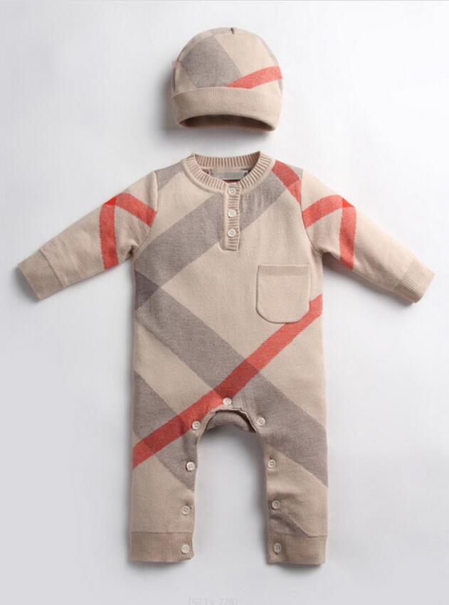 Autumn Winter Baby Knitting Rompers With Hats Infant Boys Girls Plaid Long Sleeve Jumpsuits Toddler Newborn Onesies Kids Romper g122