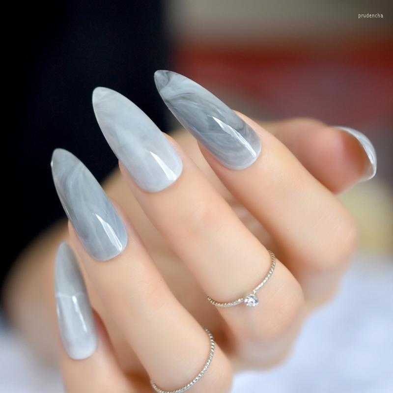 

False Nails 24Pcs Grey Marble UV Gel Nail Long Sharp Stiletto Acrylic Fake Elegant Lady Full Cover Manicure Product Z883 Prud22