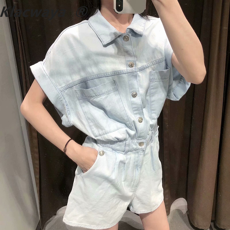 

Women Cotton Denim Jumpsuit Fashion Short Sleeves Loose Overalls Vintage Wash Elastic Waist Washed Jumpsuits 210521, Light blue