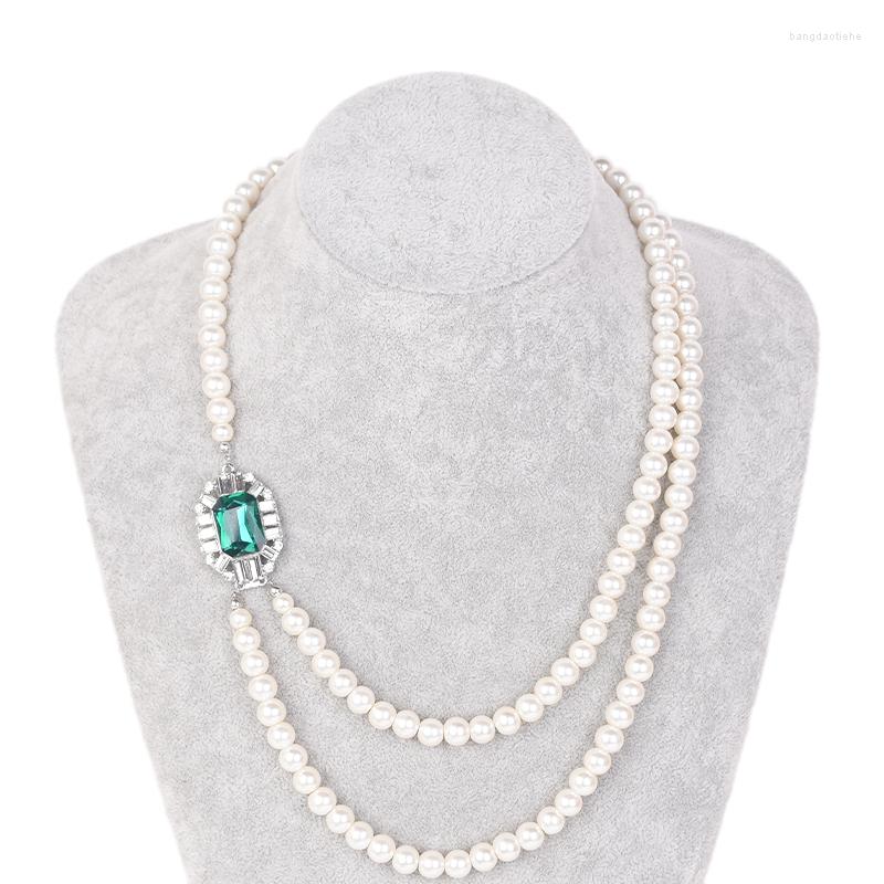 

Chains Retro Style Double Layer Pearl Necklace For Women Fashion Long Choker Green Stone Pendant Jewelry GiftChains