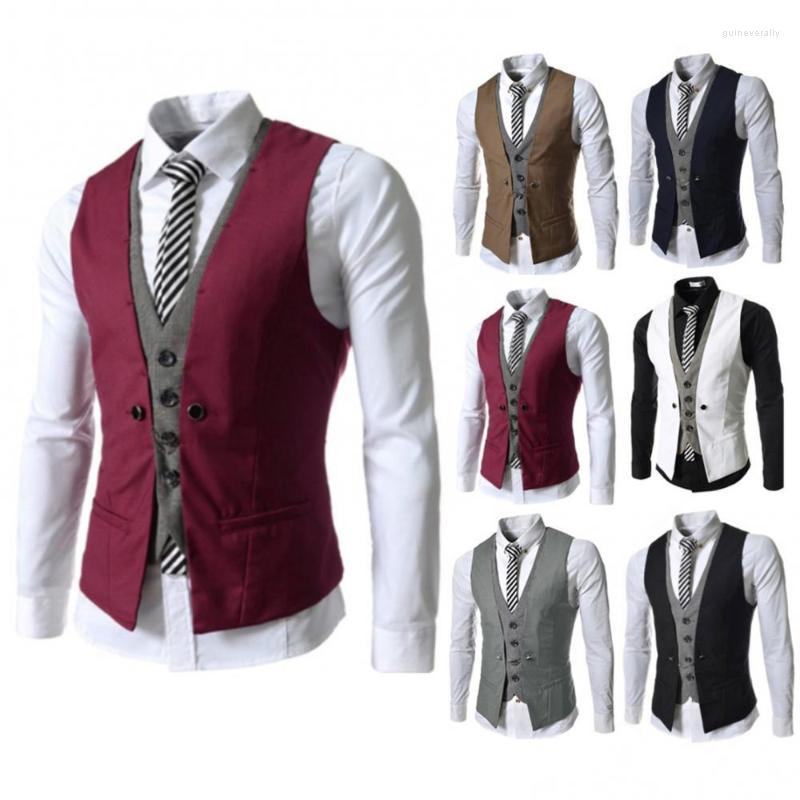 

Men's Vests Formal Business Blazer Men Sleeveless V Neck Single-breasted Slim Gilet Male Top Strips Suit Waistcoat Office Workwear Guin22, Black