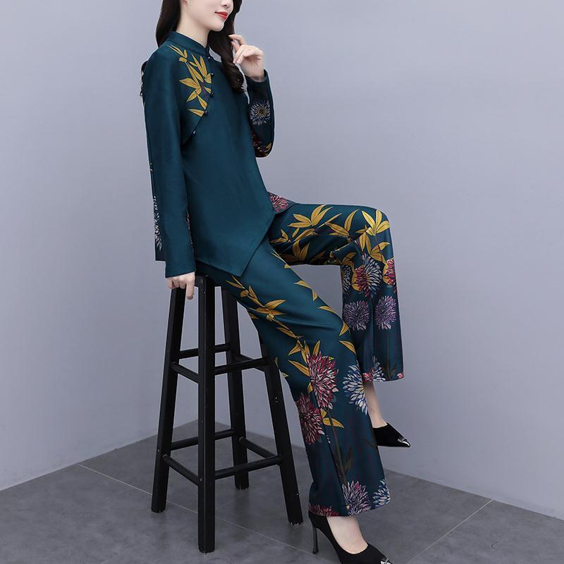 

Women's Tracksuits Chinese Style 2 Piece Sets Womens Outfits Retro Ensemble Femme Pieces Pantalon Elegant Luxury Floral Print Top&pants SetW, Blue