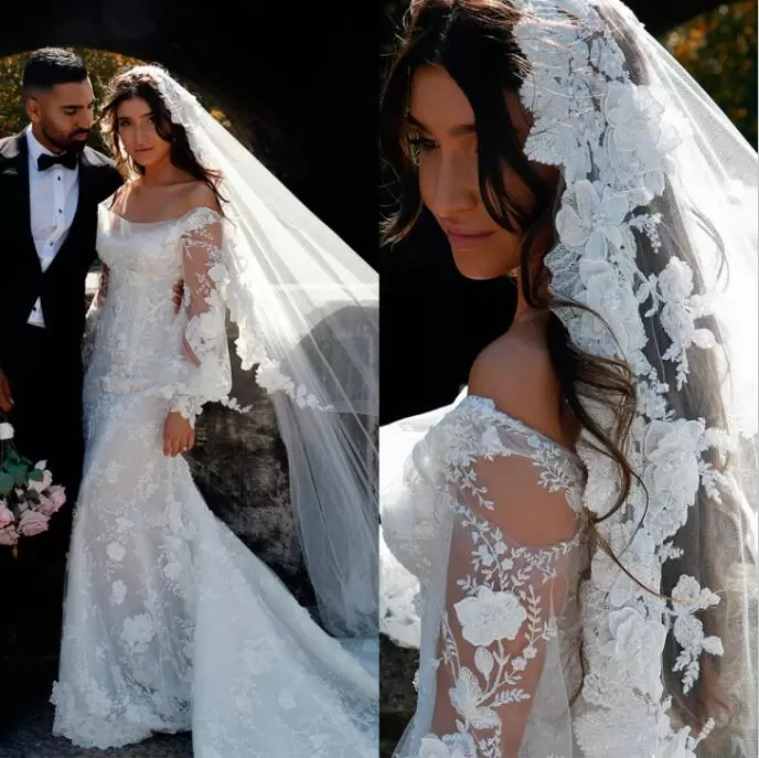 

Gorgeous Long Sleeves Mermaid Wedding Dresses Bridal Gown Off the Shoulder Custom Made Sweep Train 3D Floral Applique Plus Size vestidos de novia mariee, Custom made from color chart
