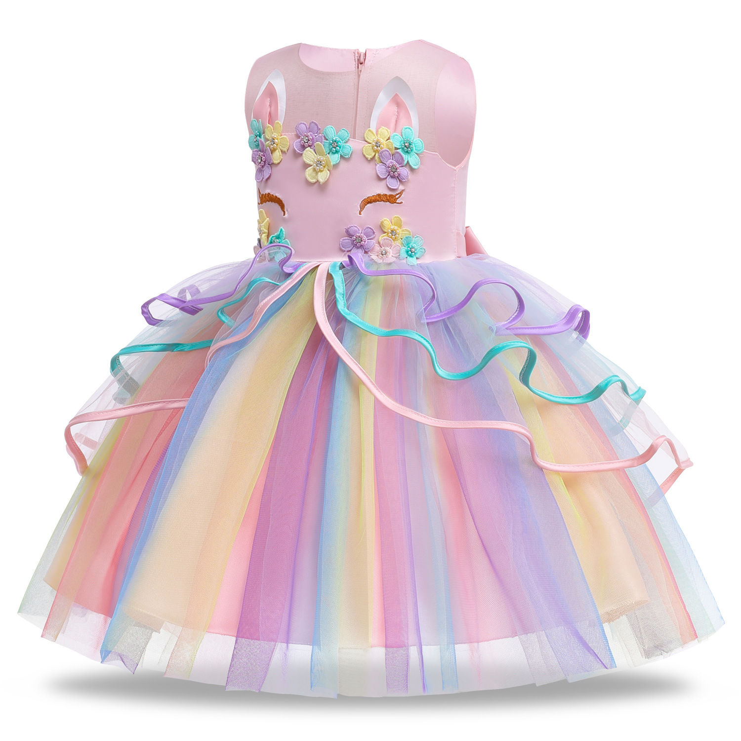 Girls Unicorn Tutu Dress Pastel Rainbow Princess Kids Birthday Party Ruffle Vestido 4-10T Summer Children Perform Prom Costume-image-775259318