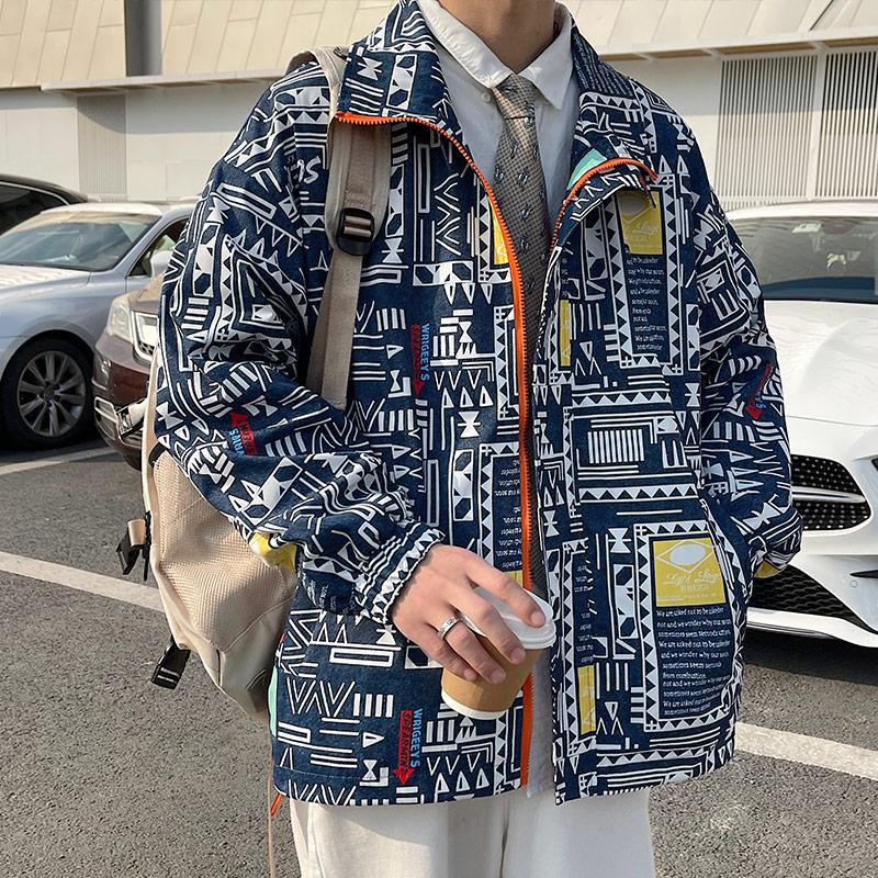 

Men's Jackets 2022 Spring And Autumn Men Printed Jacket Fashion Casual Loose Stand Collar Coat, Black;brown