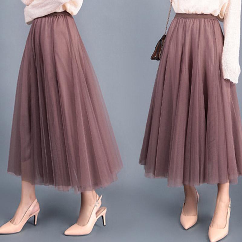 

Spring Autumn Vintage Womens Elastic High Waist Tulle Skirt Long Pleated Mesh Tutu Wedding Bridal Female Jupe Longue Skirts, Beige