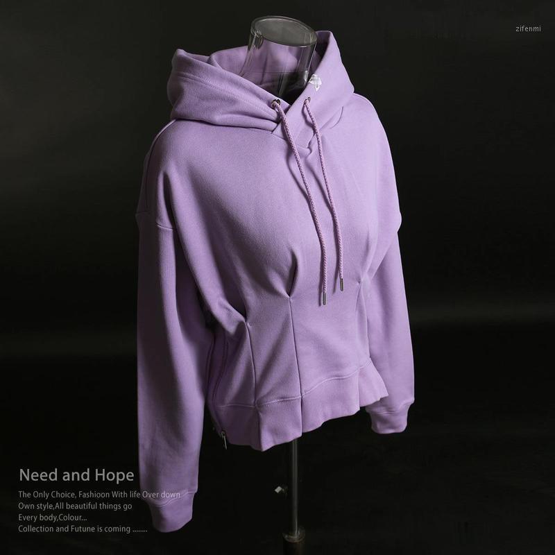 

Spring Slim Waist Design Solid Pullovers Loose Casual Hooded Sweatshirt Fashion Long Sleeve Draw String Hoodies 13A063, Black