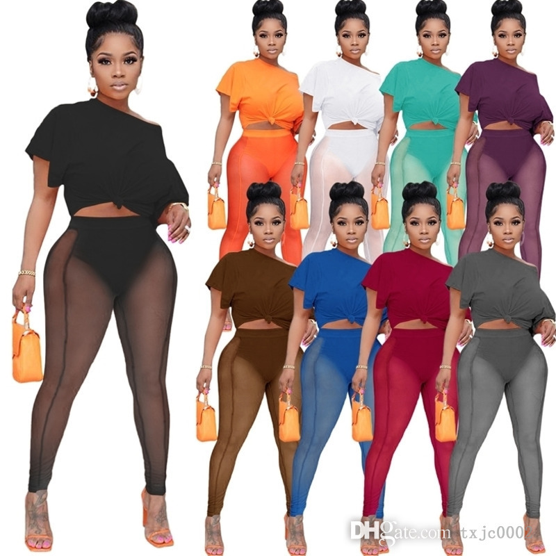 

2202 Womens Designer Tracksuits Sexy Mesh Yoga Pants Outfits Summer Navel Exposed T-shirt Sheer Leggings 2 Piece Sets Sportswear, Purple