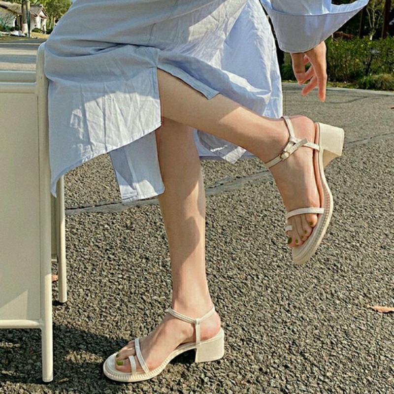

Dress Shoes Summer Sandals Women Fashion Square Heel Open Toe Belt Buckle Casual Women's ShoesDress, Beige