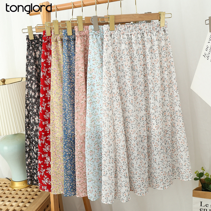 Jupes d'été Vintage Floral Imprimé En Mousseline De Soie ALink Jupe Élastique Taille Haute Casual Midi Jupe Avec Doublure Pour La Plage 220611