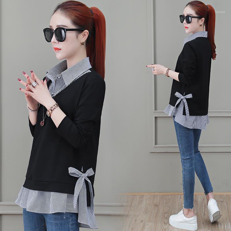 

Pure Cotton Large Size Fake Two Piece Women's Top 2022 Autumn Korean Loose Cover Belly Long Sleeve T-shirt Shirt, Black