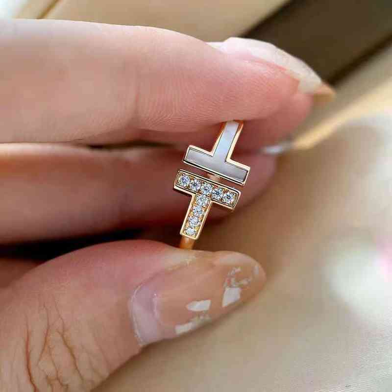 

T family double t ring white Fritillaria diamond inlaid opening 18K Gold Plated women's original 1.1 Seiko