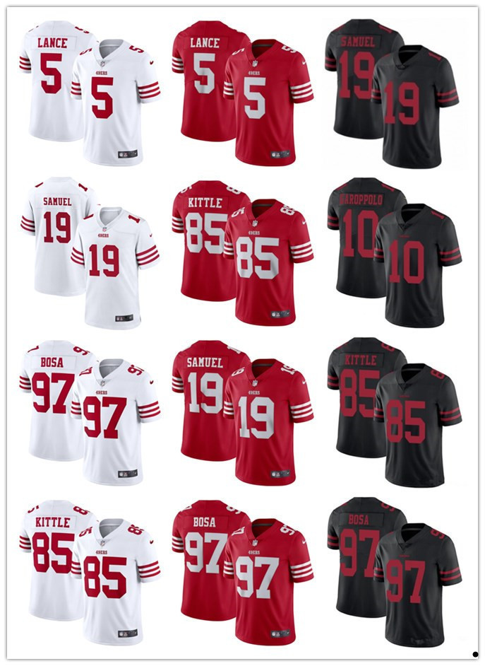 

Men women Youth San Francisco''49ers''Jersey 5 Trey Lance 85 George Kittle 97 Nick Bosa 10 Jimmy Garoppolo 19 Deebo Samuel Football Jerseys, Color