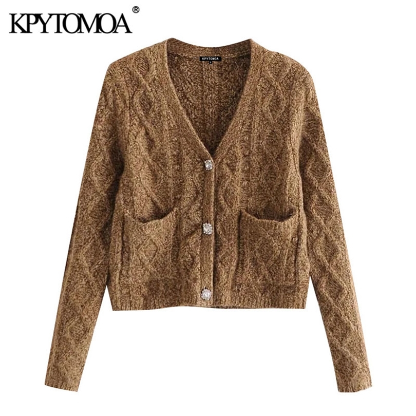 

KPYTOMOA Women 2021 Fashion Bejewelled Button Cropped Knitted Cardigan Sweater Vintage Long Sleeve Female Outerwear Chic Tops 210204, As picture