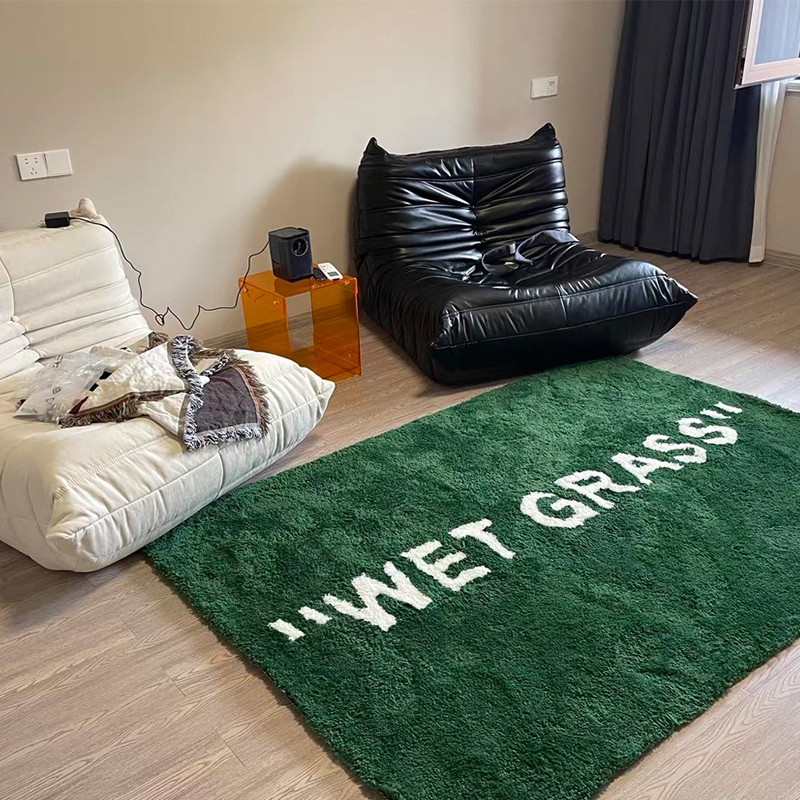 

WET GRASS Rug with Label Pouffe for Living Room Plush Carpet on The Floor Furnishings Trendy Area Rugs Sofa Bedroom Bath Mat Luxury Brand Green Area Ground Adornment