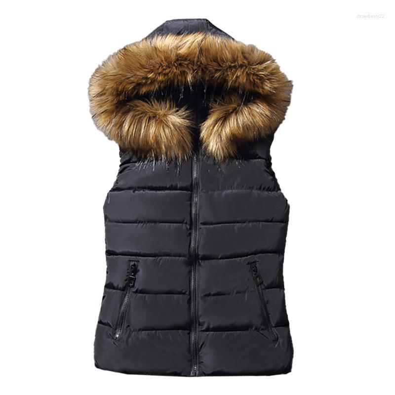 

Women' Vests Women Hooded Solid Color Fur Sleeveless Casual Tank Zipper Winter Coat Warm Vest Jackets Padded Female Waistcoats Fashion Stra, Black
